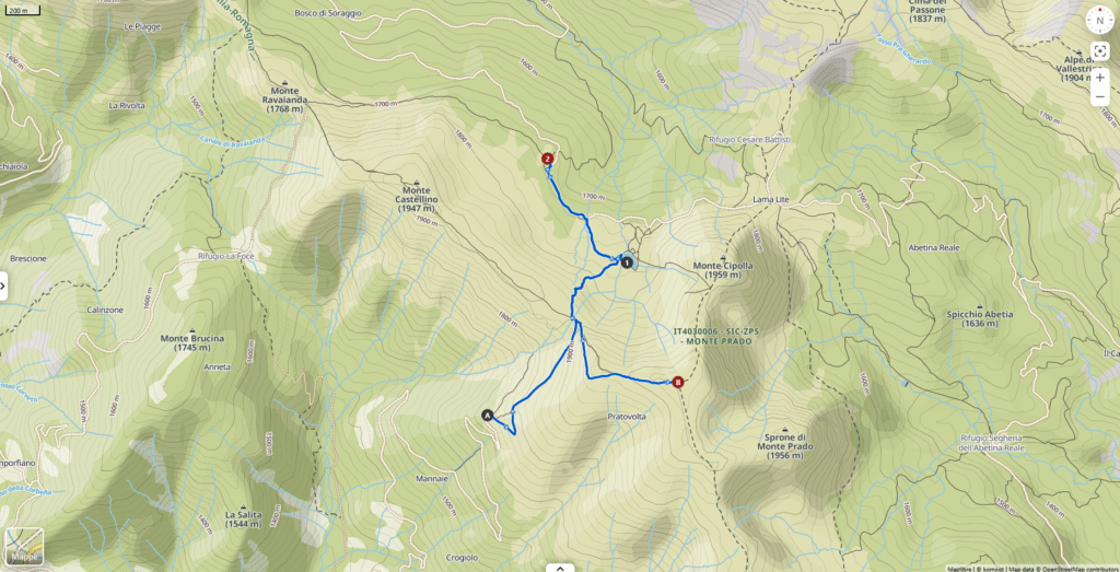 Mappa di Komoot - percorso dal rifugio monte Prado alla vetta del monte Prado