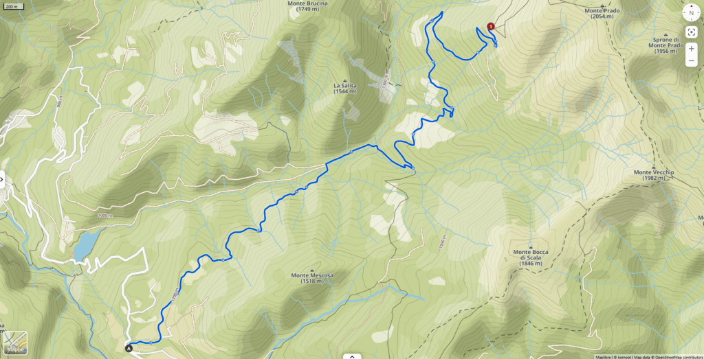 Mappa di Komoot - percorso da Casini di Corte al rifugio monte Prado